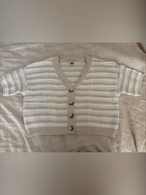 Universal Thread Cream Openwork Short-Sleeve Cardigan with Tortoiseshell Buttons